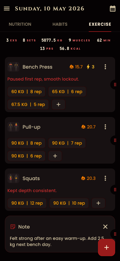 Fit Horizon workout day with logged exercises and set controls